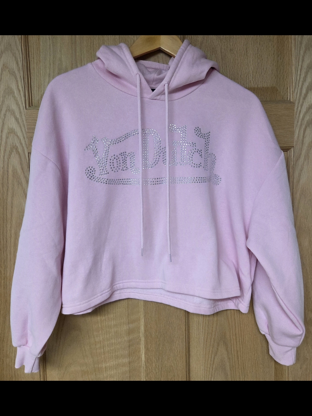 Von Dutch Pink Cropped Rhinestone Logo Hoodie Size S